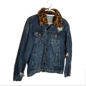 Mumu Blue Jean Jacket Women's XS Cheetah Faux Fur Collar Distressed Trucker Coat